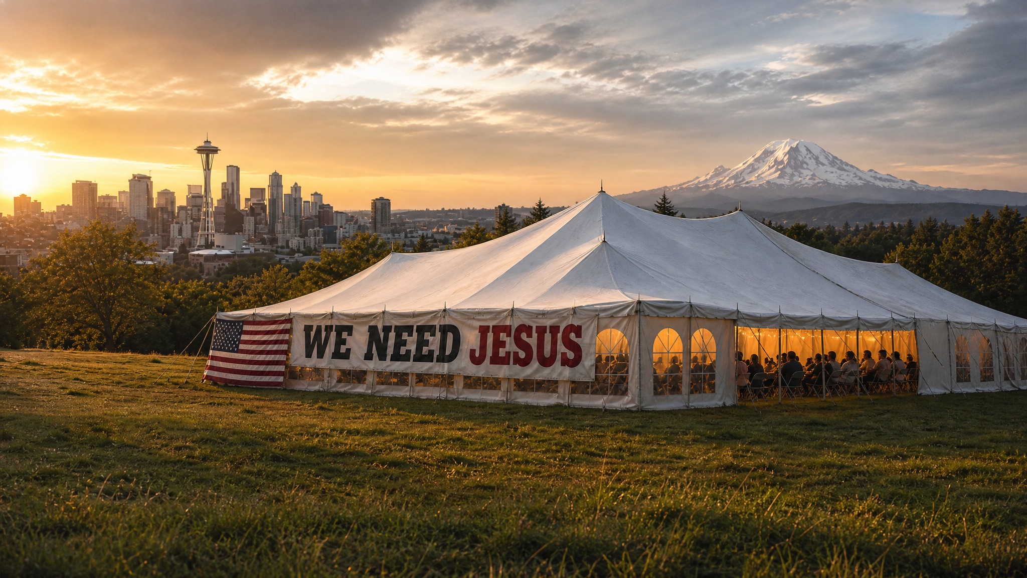 Tent Revival sunset scenery with white tent